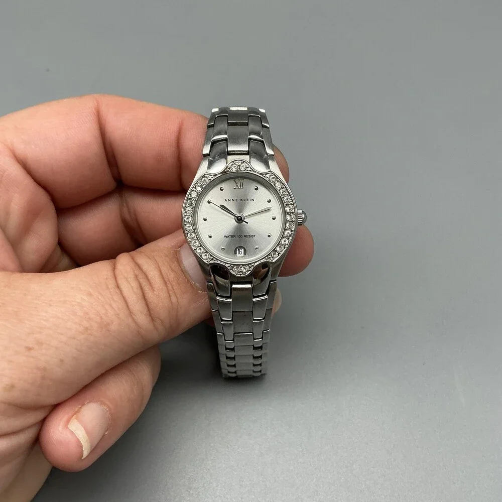 Anne Klein Womens Watch 24mm Silver Dial Crystal Bezel Date New Battery 6.25